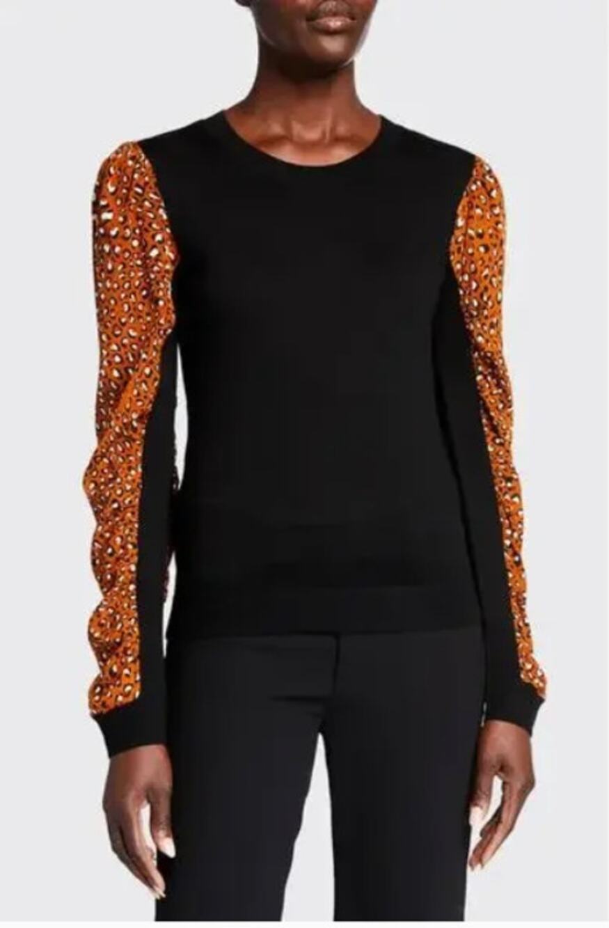 Veronica Beard Adler mixed media leopard sweater Black Orange Merino Wool Small